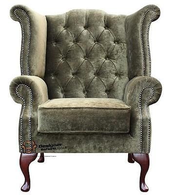 Chesterfield Queen Anne High Back Fireside Wing Chair Moss Green Fabric Sofa Couches For Green Fabric Sofa Couches For Chair, Queen Anne Chairs Ikea