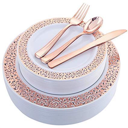 100 Piece Rose Gold Plates With Plastic Silverware Elegant Lace Disposable Place Setting Includes 20 Dinner Pl Gold Dinnerware Plastic Plates Wedding Plates