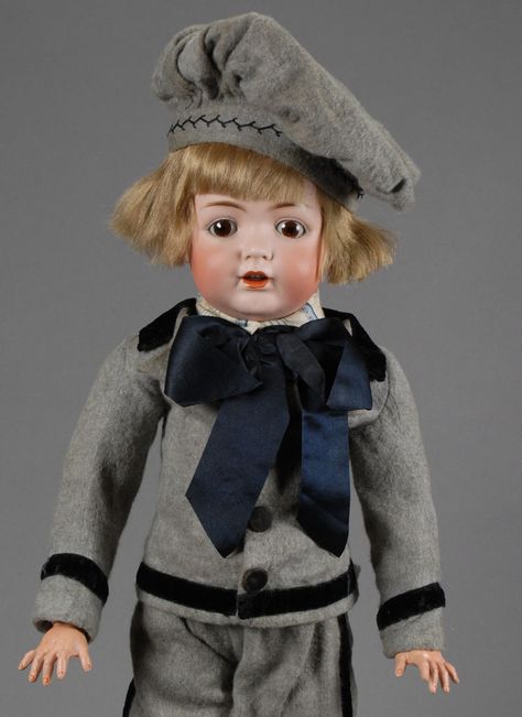 Dollhouse Miniature Blonde Boy Doll in a Blue Outfit with Red Bow Tie