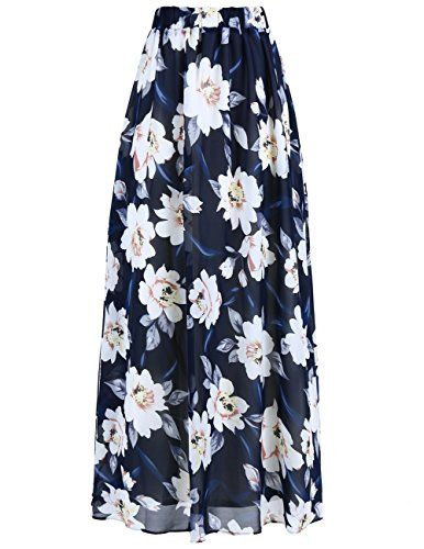 YSJERA Ladys Pleated Maxi Skirt High Waist A-Line Boho Floral Long Beach Skirts