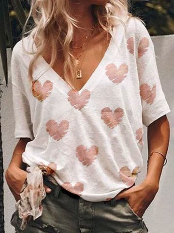 Damen Shirts Weiß T-Shirt Kurzarm Cartoon Aufdruck Printed Oberteil Tops Modern