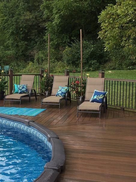 Above Ground Pool Deck Surround Composite Or Pvc Decking Is A Good Choice Over Wood Above Ground Pool Landscaping Backyard Pool Landscaping Pool Landscaping