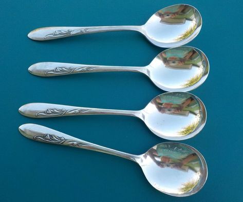 4 Gumbo Soup Spoons Vintage CORONATION Oneida Community Vintage 1936 Art Deco