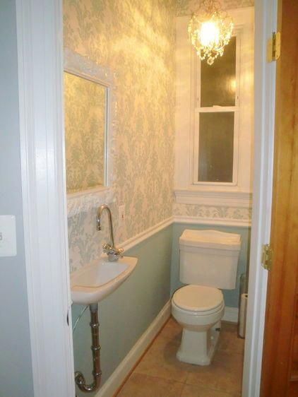 Tiny Powder Room Idea Wall Paper Chair Rail Molding Chandelier Add Bright Colors And Voila Small Half Bathrooms Bathroom Design Small Tiny Powder Rooms