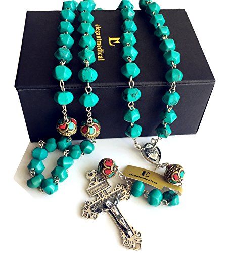 elegantmedical Turquoise Tibet Copper Beads Sterling 925 Silver Rosary Necklace Catholic