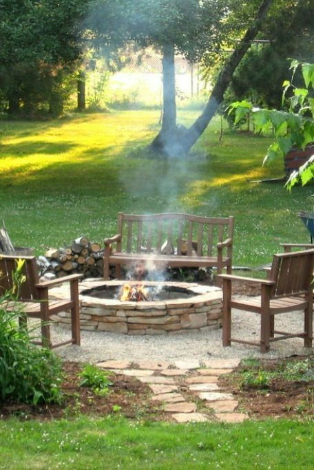Fire Pit With White Adirondack Chairs 60 Backyard And Patio Fire Pit Ideas Different Types With Photo Examples Garden Fire Pit Fire Pit Backyard Fire Pit And Adirondack Chairs