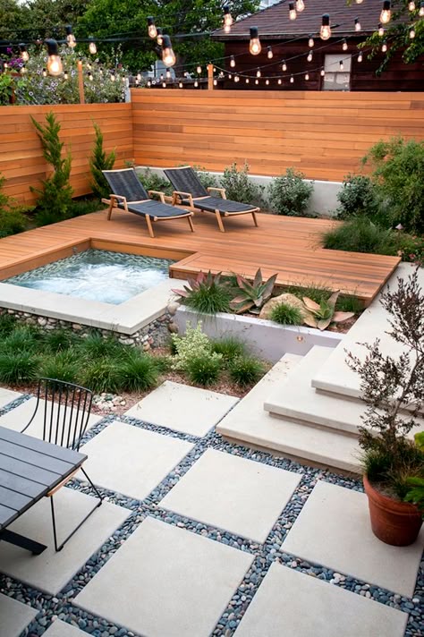 Creating the backyard of your dreams means putting some thought into the hardscape design. But before you make your final decision, check out these gorgeous that are guaranteed to inspire and get those creative juices flowing. Hot Tub Deck, Hot Tub Backyard, Small Backyard Design, Backyard Garden Design, Small Backyard Landscaping, Dream Backyard, Relaxing Backyard, Backyard Pavers, Terrace Garden