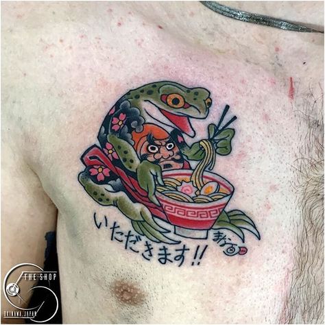 Neo Japanese frog eating a bowl of ramen by Mana @mana_tattooist #