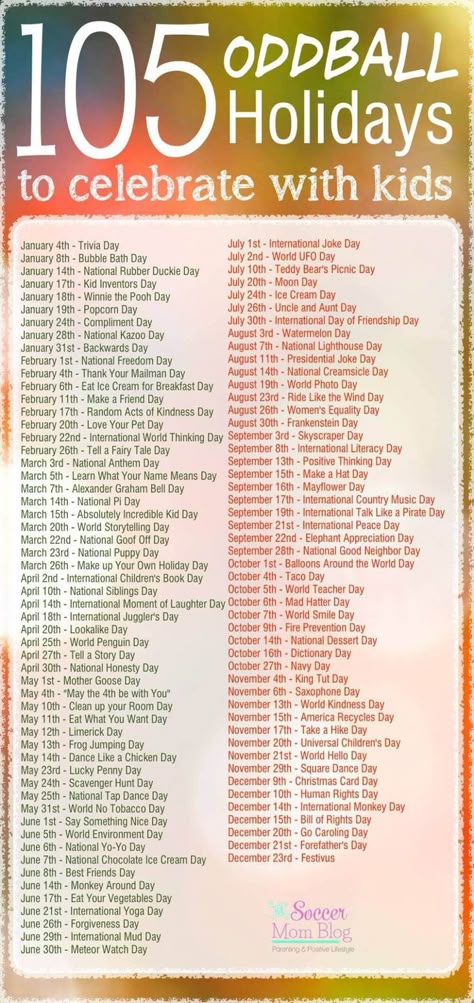 Looking for boredom busters? Grab this list of over 100 unique holidays and find something fun to celebrate as a family! Wacky & weird holidays every month! Kids And Parenting, Parenting Hacks, Positive Parenting, Single Parenting, Parenting Plan, Parenting Classes, Parenting Skills, Parenting Quotes, Toddler Activities