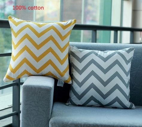 Cotton Yellow Grey Chevron Zig Zag Finn Knit Throw Pillow, Mustard, 18x18