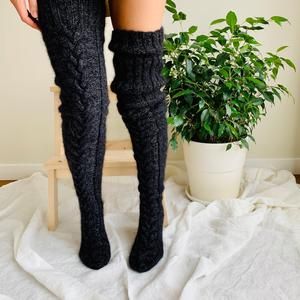 Womens Girls Black Thigh High Socks Plus Size Striped Over Knee High Socks Winter Warm Extra Soft Long Knit Wool Leg Warmers