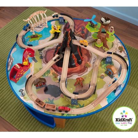 Kidkraft Dinosaur 95 Piece Wood Train And Table Set With Volcano 17961 Com Wooden Wooden Train Set Dinosaur, Kidkraft Volcano Dinosaur Round Train Table
