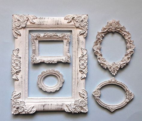 White Patina Photo Frame Set of 5 Decorative Round and Square Frames Classic