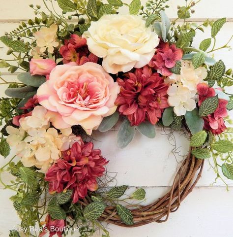 Polka Dot with Lace Ribbon 16 Diameter Burgundy Silk Roses /& Leaves on Grapevine Beautiful Floral Roses Wreath for Door or Wall