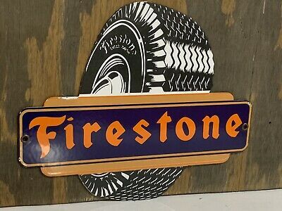 Vintage FIRESTONE TIRES Porcelain Enamel Sign Tire Die Cut Double Sided Flange