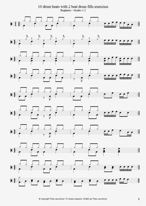 10 beginners drum beats with 2 beat drum fills exercises PDF