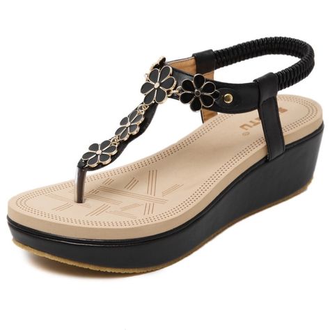 Mordenmiss Womens Rhinestone Bohemian Sandals T-Strap Beaded Thong Wedges