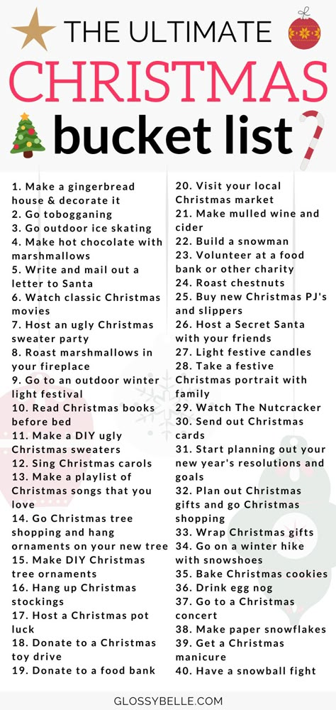 The Ultimate Christmas Bucket List: 40 Fun Holiday Activities – Glossy Belle Christmas To Do List, Christmas Date, Noel Christmas, Christmas Mood, Holiday Fun, Holiday List, Chritmas, Christmas Countdown Ideas For Adults, Christmas Bucket Lists