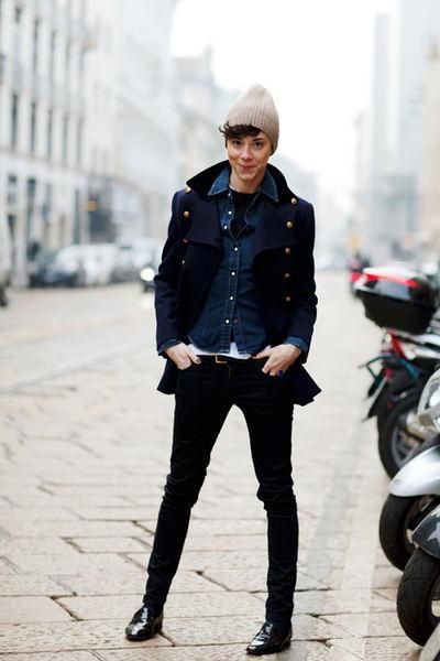 Women s Navy Pea Coat Blue Dress Shirt Black Crew neck T shirt Black Jeans
