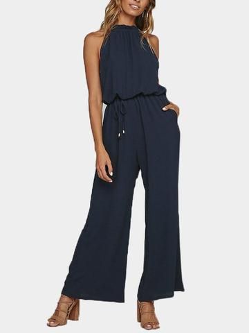 Womens Halter Neck Sleeveless Long Jumpsuit Loose Pants with Pocket