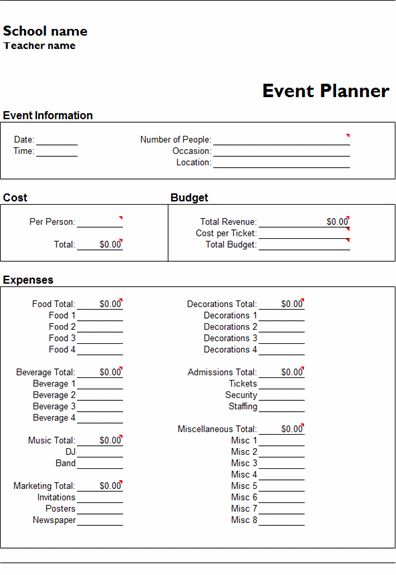 event planning cost sheet