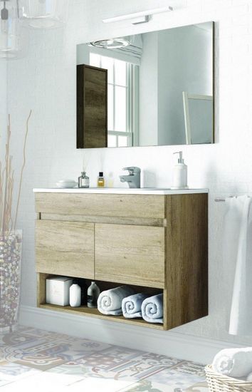 Mobile Bagno Cosmo 80 Cm Rovere Lavabo In Ceramica Specchio