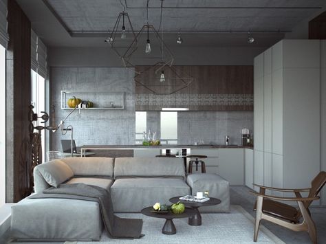 3 Open Studio Apartment Designs Design Home Apartment Grey With Creative Light Fixture And Sofa Studio Design Plus Round Coffee Table Concrete