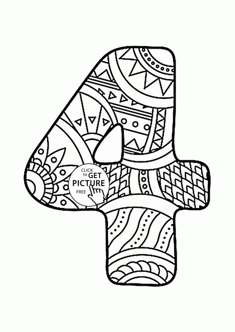 Pattern Number 4 coloring pages for kids, counting numbers printables