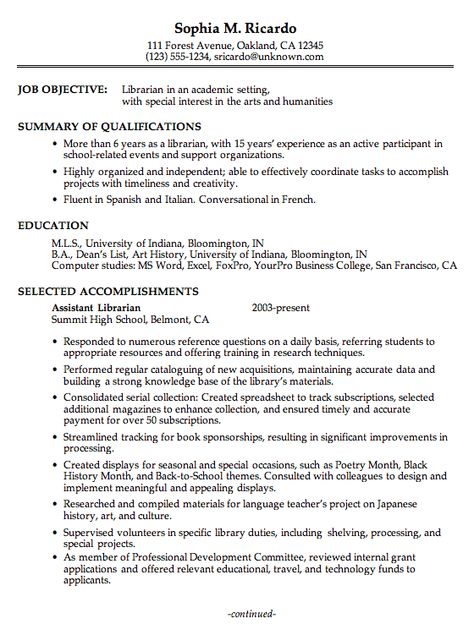 librarian resume 11 example Resumes and Interviews Pinterest - resume for library assistant librarian resume 11 example Resumes and Interviews Pinterest - resume for library assistant