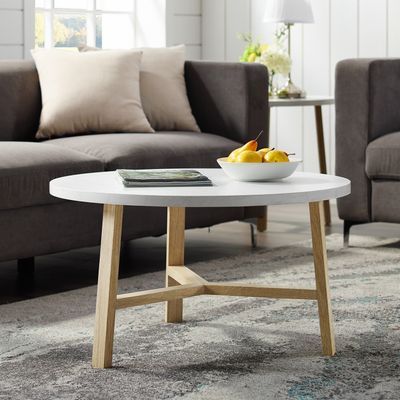 Modern White Faux Marble Light Oak Round Coffee Table Round