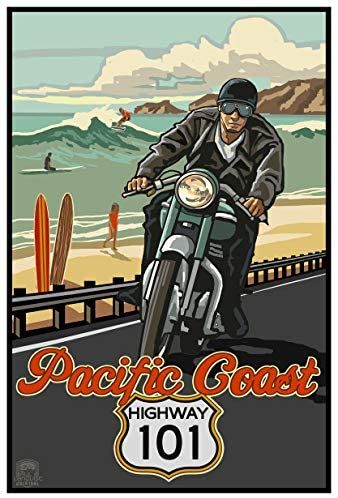 Pacific Coast Highway Motorcycle Rider Giclee Art Print Poster from Original Travel Artwork by Artist Paul A Lanquist