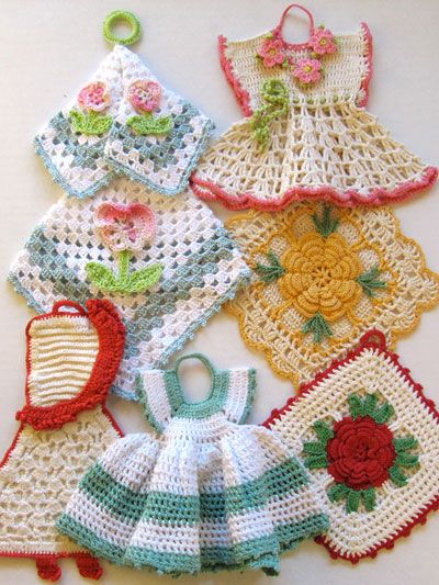 Vintage crochet potholders multicolored 70s handmade boho style