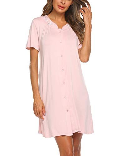 Ekouaer Nightgown Button Front Sleepshirt Short Sleeve Dusters and Housecoats V-Neck Lounger Dress for Women