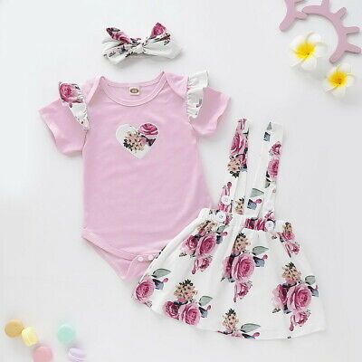 3PCS Toddler Newborn Baby Girl Striped Tops Romper Strap Skirt Outfits Clothes