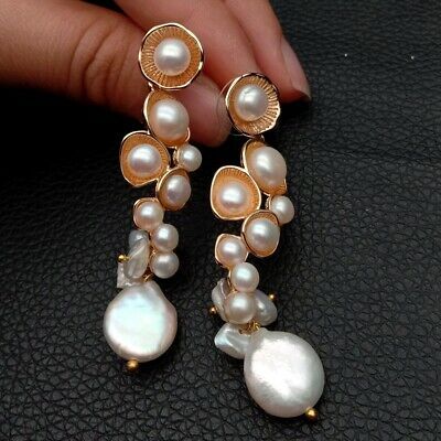 White Square Keshi Pearl Gold plated Hook Earrings