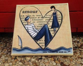tableau original les amoureux du bord de mer peinture acrylique histoire d amour romantisme rouge couple marin amour mar garden rock art boat painting cute art