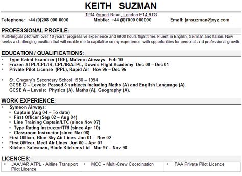 Airline pilot CV sample CV Pinterest Sample resume, Pilot - airline pilot resume Airline pilot CV sample CV Pinterest Sample resume, Pilot - airline pilot resume