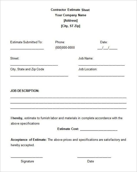 contractor estimate sheet
