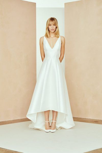Silk Mikado Hi Low A Line Wedding Dress With V Neckline Hi Low