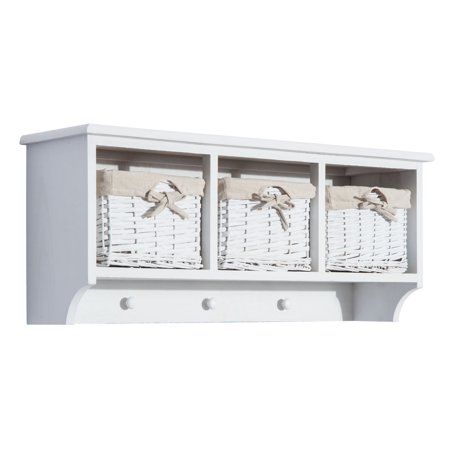 Homcom 32 Rustic Floating Shelf With Coat Hooks And Baskets Antique White Com In 2022 Storage Shelves Rack Wall Rustic Floating Shelf With Coat Hooks, Antique White Wall Mounted Coat Racks