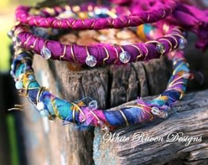 Handmade by White Raven Designs Boho Bangles earth friendly fashion recycled Sari silk wrapped bracelets up-cycled