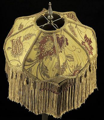 VICTORIAN LAMP SHADE HEAVY EMBROIDERED FABRIC W/ GOLD SILK RUST BEADING & FRINGE VICTORIAN LAMP SHADE HEAVY EMBROIDERED FABRIC W/ GOLD SILK RUST BEADING & FRINGE