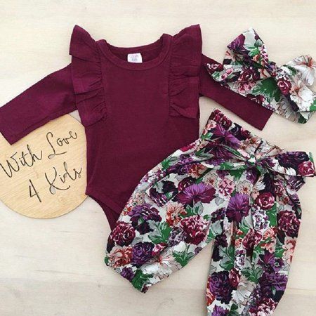 Infant Newborn Baby Girls Tops Romper Floral Pants Hairband Outfits Set Clothes