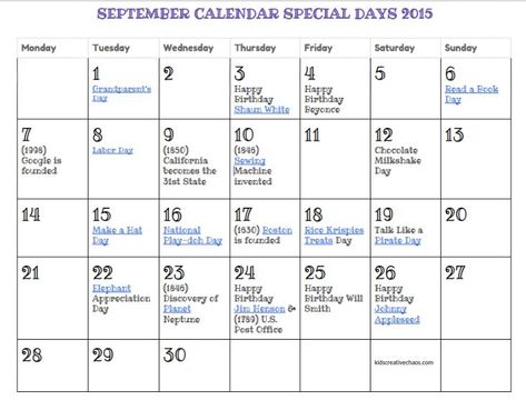 September Calendar Of Special Days Holidays Free Printable September Calendar Of Special Days Holidays Free Printable