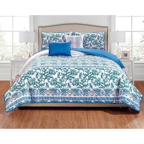 Queen Cal King Size Bed Navy Blue Stripe Ruffled 4 pc Quilt Set Coverlet Bedding
