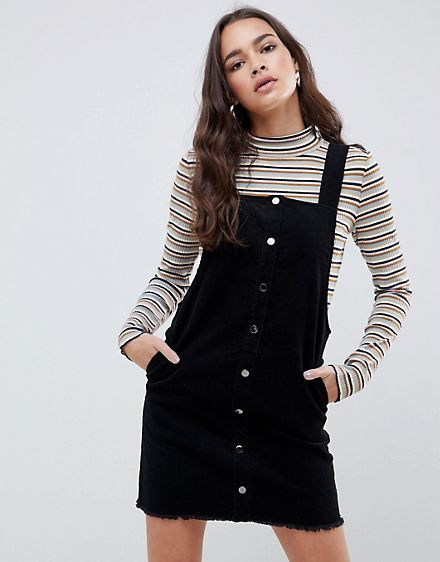 Pimkie popper Corduroy Dungaree Dress in black Corduroy Dungarees Dress, Dungarees Outfits, Corduroy Pinafore Dress, Overalls, Cute Casual Outfits, Fall Outfits, Dress Outfits, Fashion Outfits, Dangari Dress