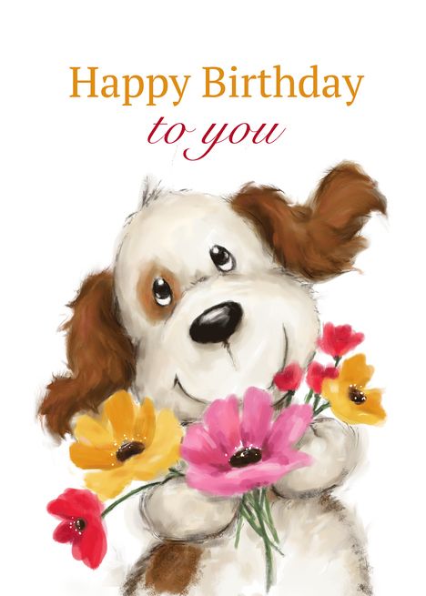Happy Wishes Card Three Puppies Card Puppies and Flowers Card Handpainted Card Birthday Puppies Birthday Card Puppies in Pots Card