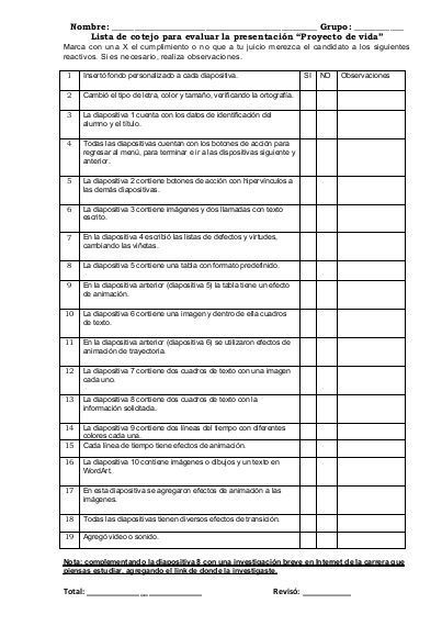 Lista De Cotejo Para Evaluar Proyecto De Vida Ejercicios De Calculo Proyecto De Vida Ficha De Observacion