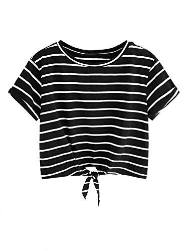 Romwe Womens Knot Front Cuffed Sleeve Striped Crop Top Tee T-Shirt