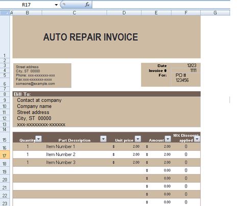 Auto Repair Invoice Template In Excel Format ExcelTemple Excel - sample auto repair invoice Auto Repair Invoice Template In Excel Format ExcelTemple Excel - sample auto repair invoice